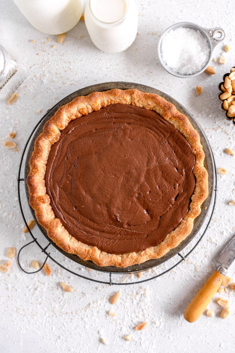 chocolate pie ready for topping