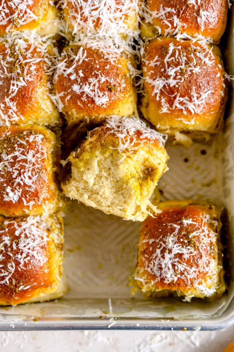 close up shot of pesto dinner rolls
