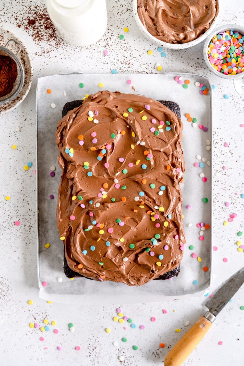 top down image of chocolate cake with frosting