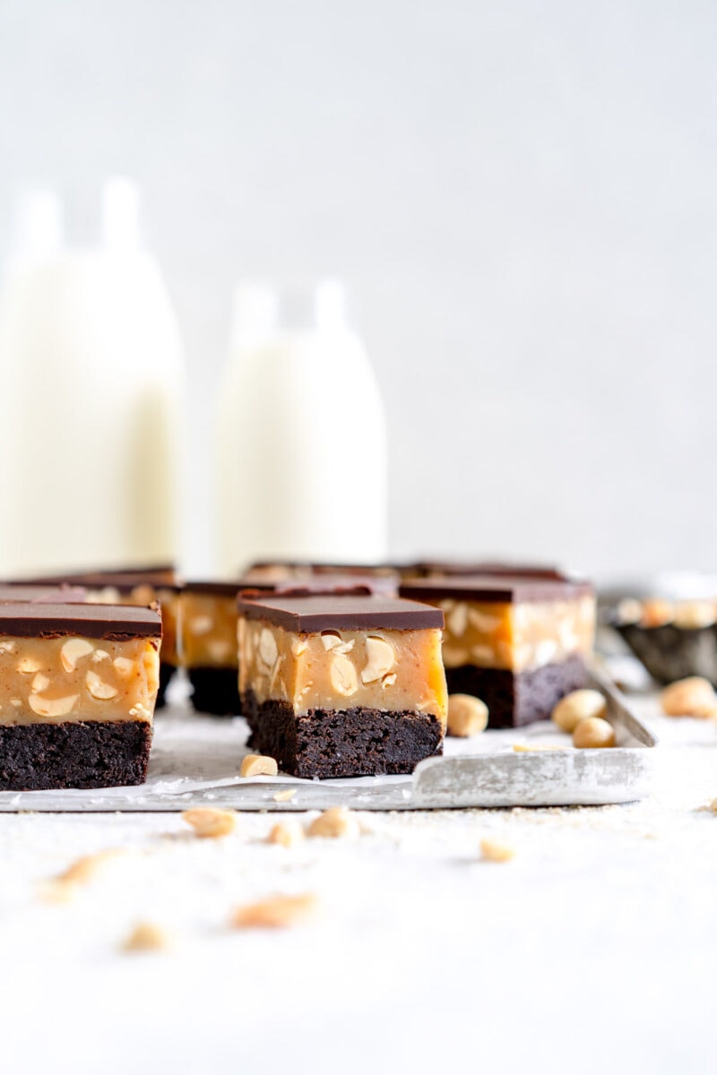 brownie slice with peanut caramel