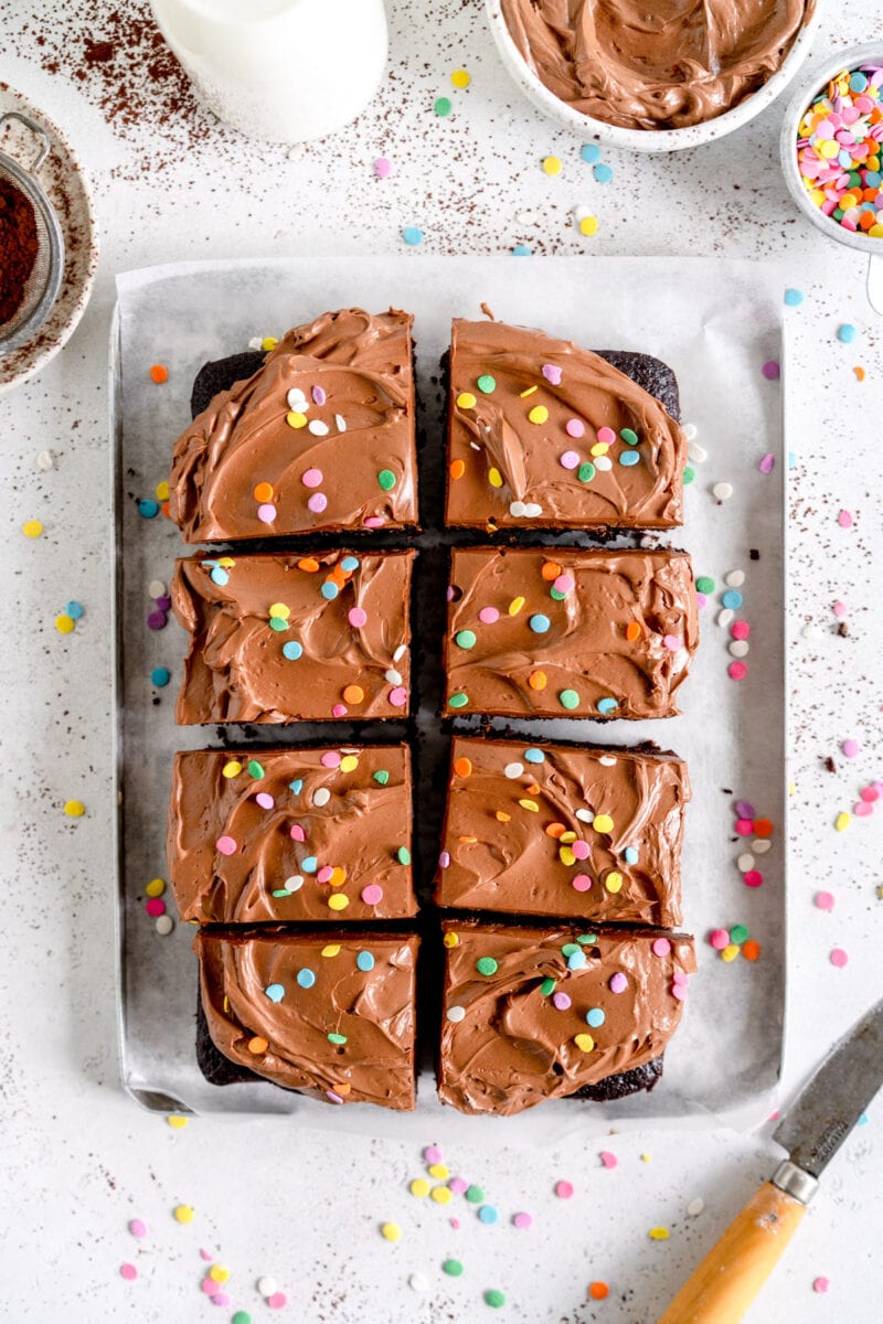 sliced chocolate cake with chocolate frosting