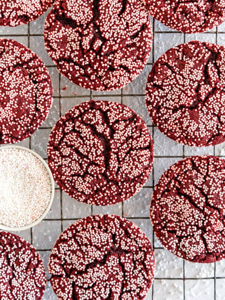 red velvet sugar cookies on pan