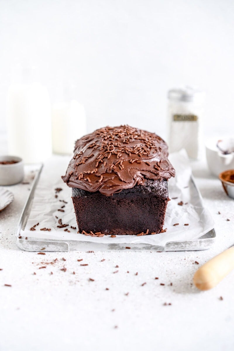 chocolate loaf cake with frosting