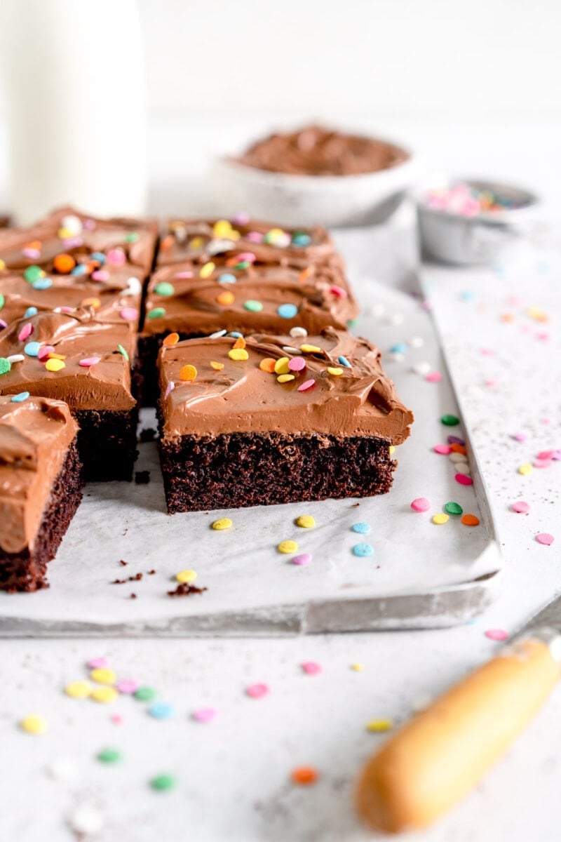 side slice of chocolate sheet cake