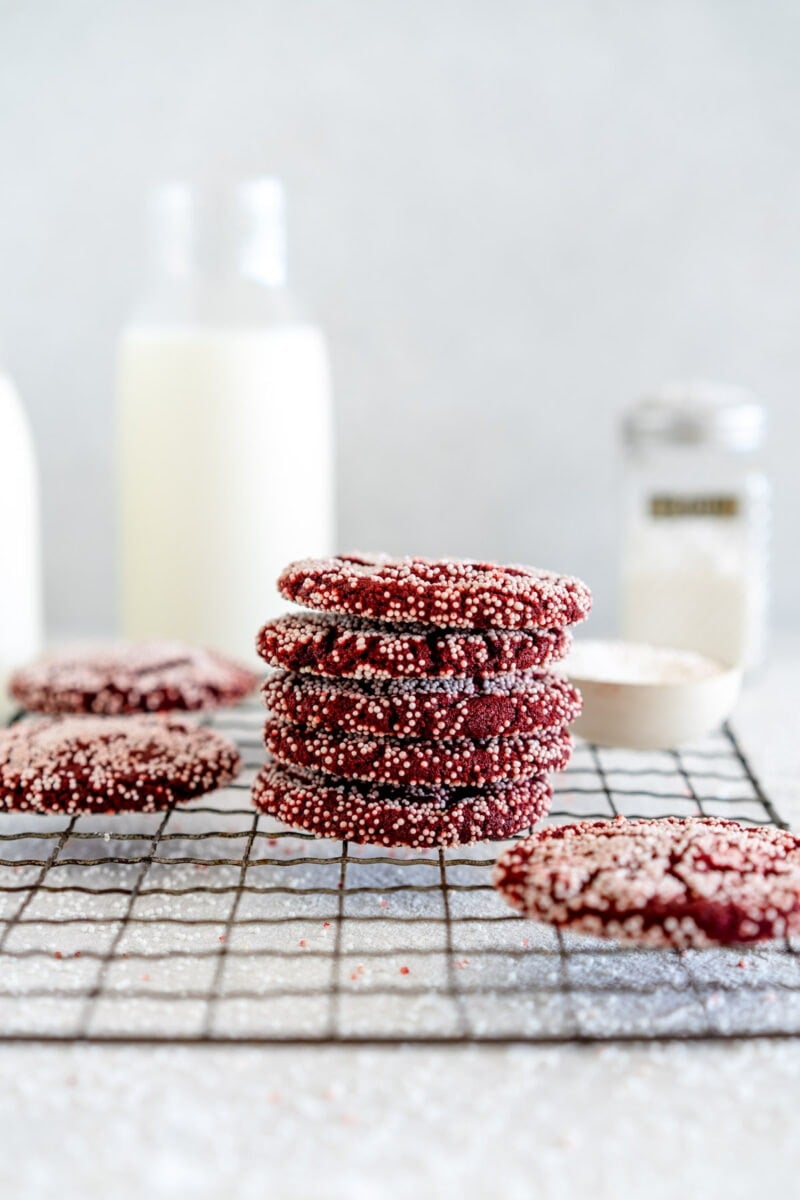stacked shot red velvet cookies