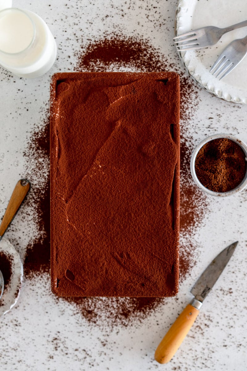 tiramisu in loaf pan with cocoa