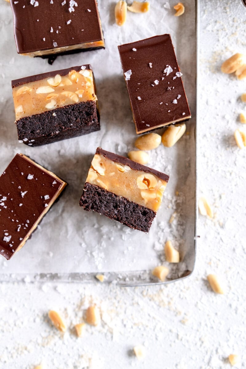 pieces of brownie slice on sheet pan