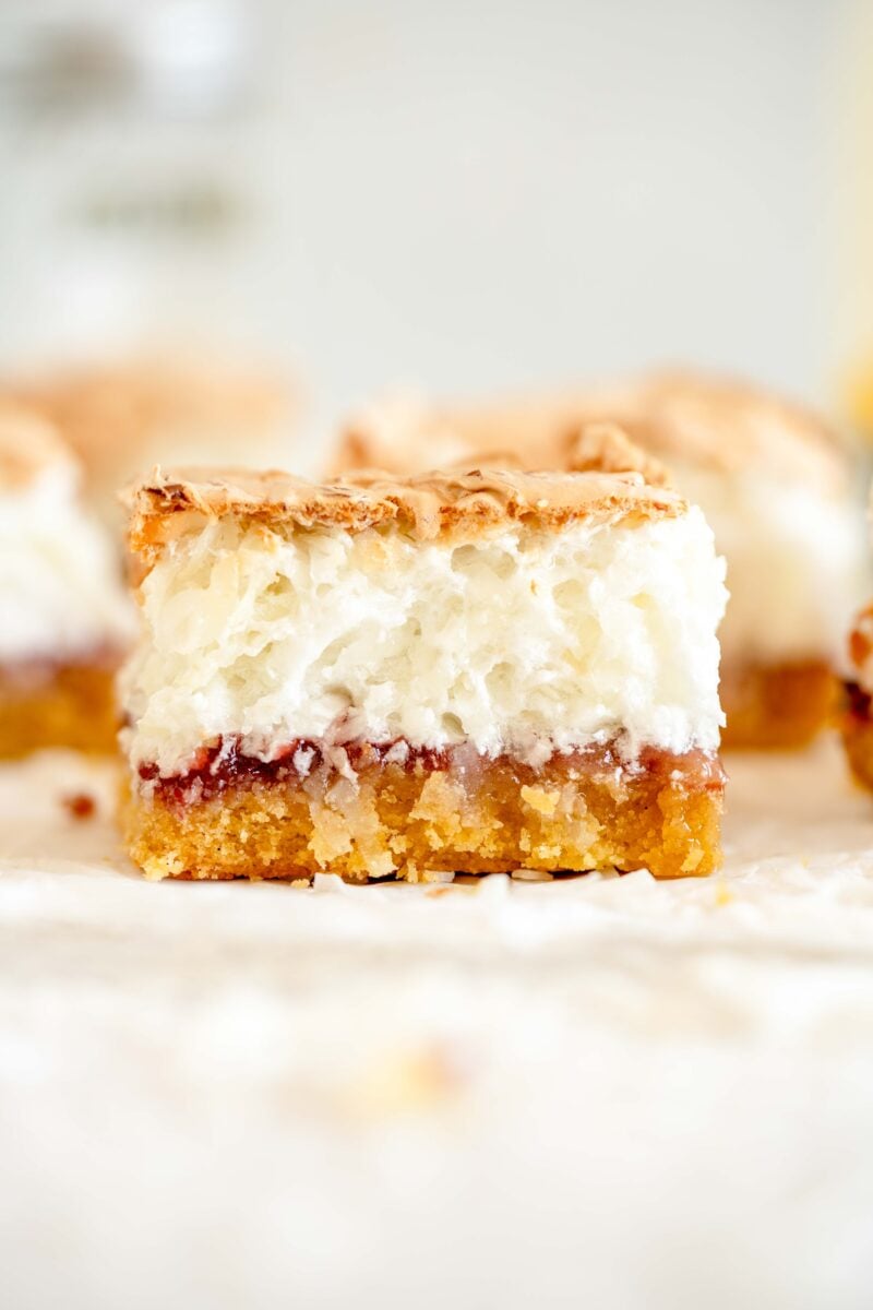 close up shot louise cake with coconut meringue