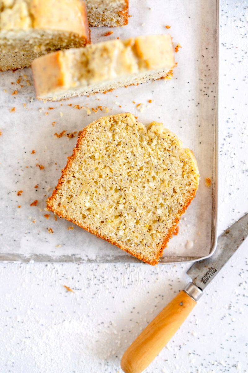 slice of lemon poppy seed loaf cake