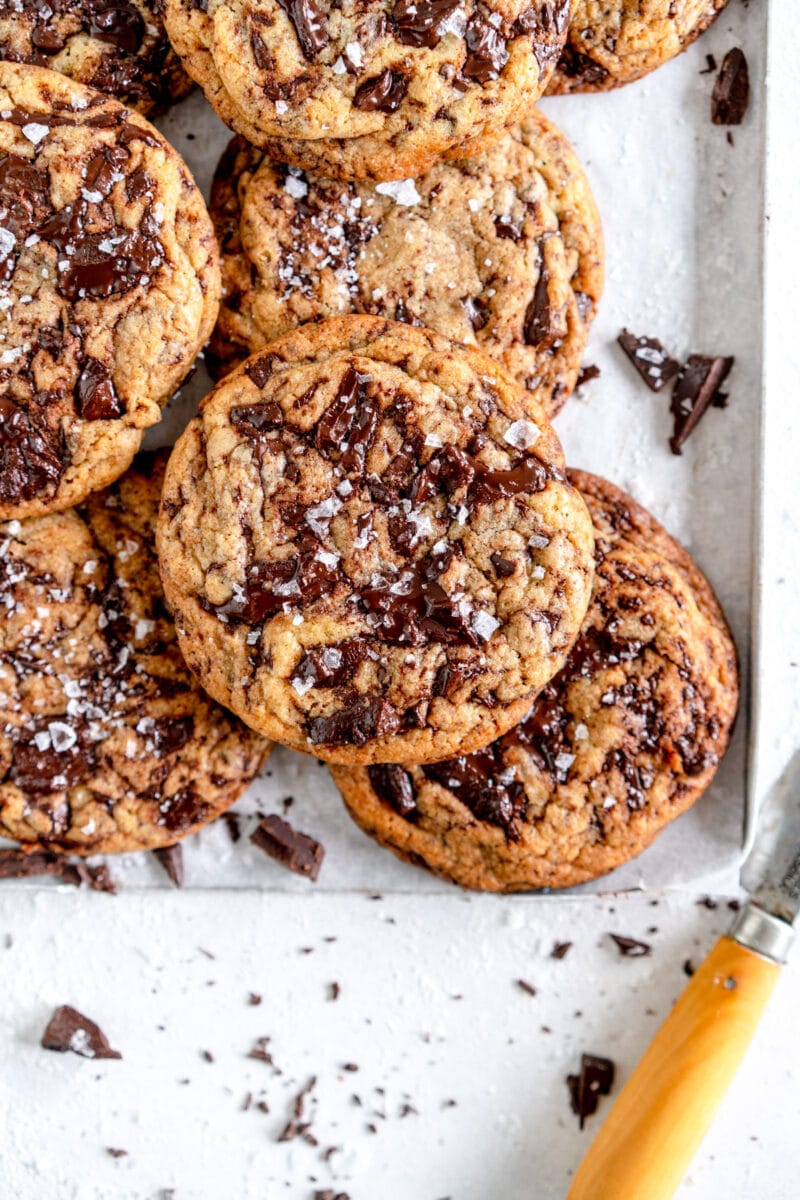 stacked corner chocolate chip cookie