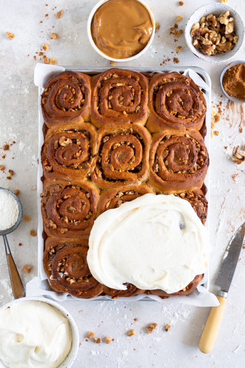 Carrot Cake Cinnamon Rolls with cream cheese frosting