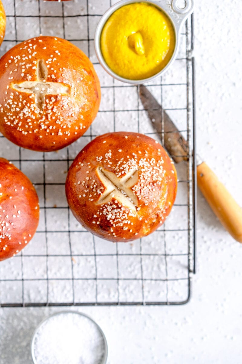 pretzel bun on wire cooling rack