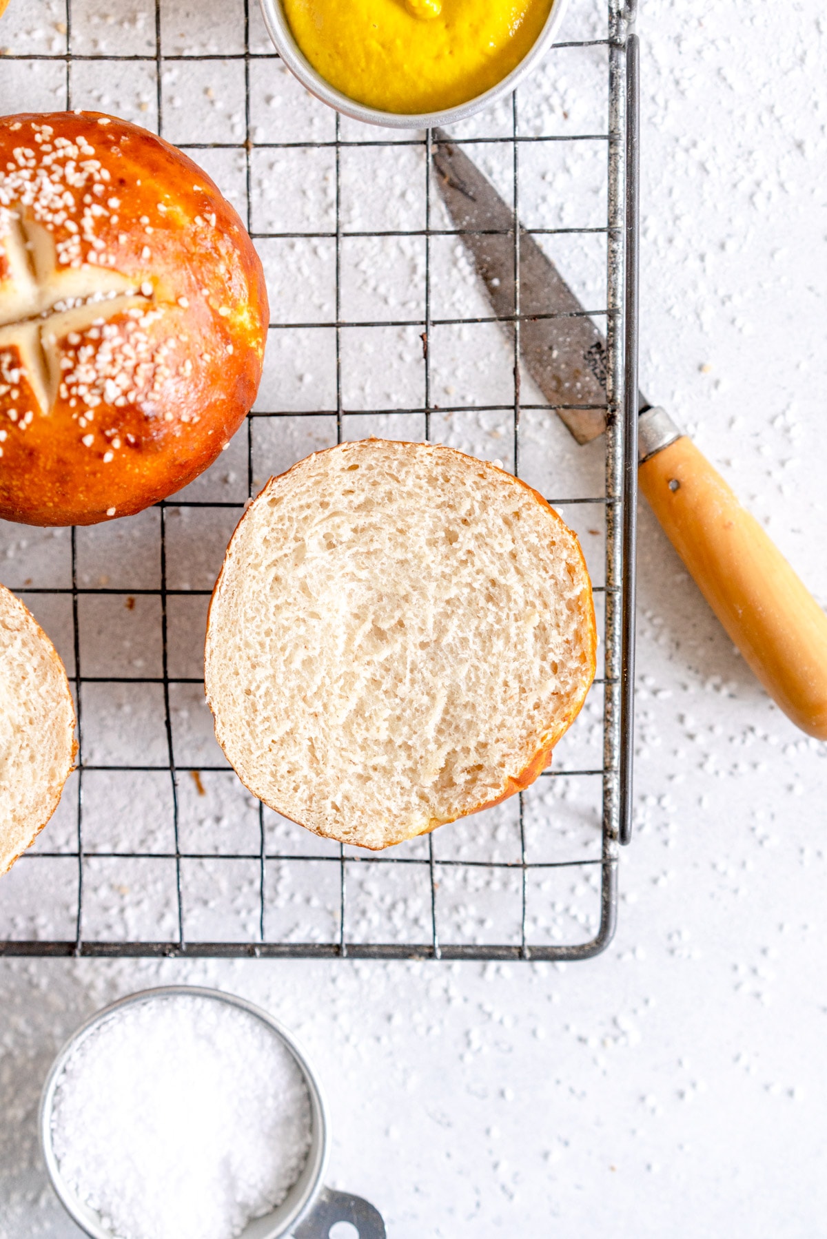 inside shot of cut pretzel bun