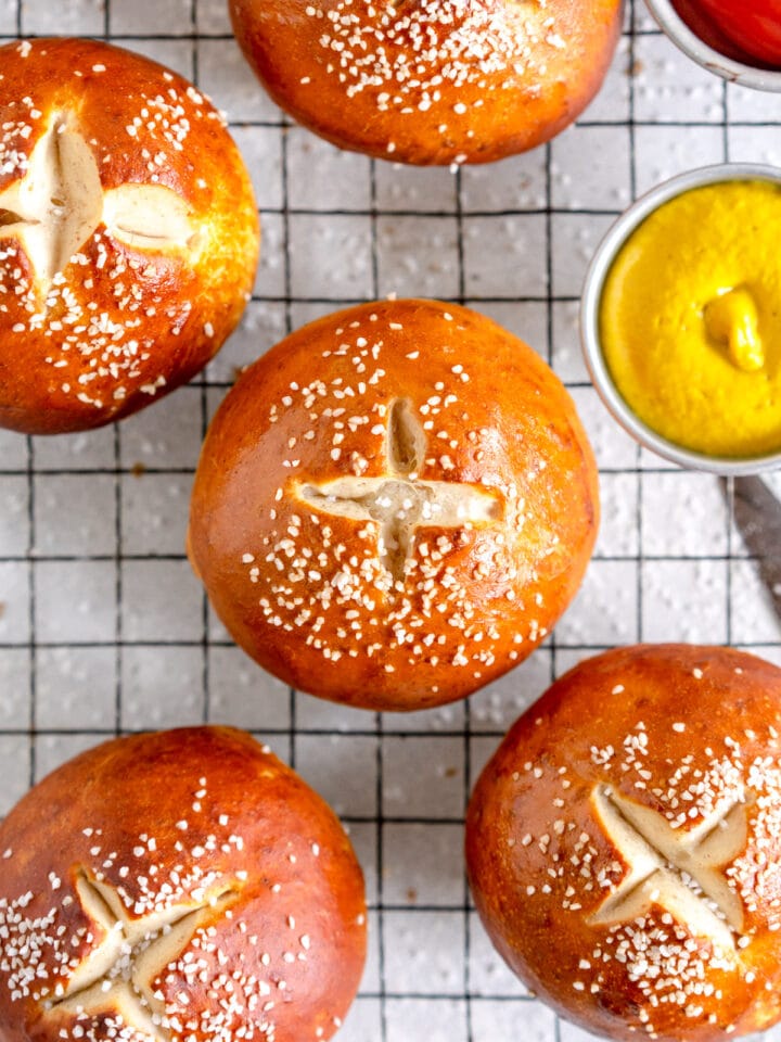 baked bread roll with ketchup and mustard