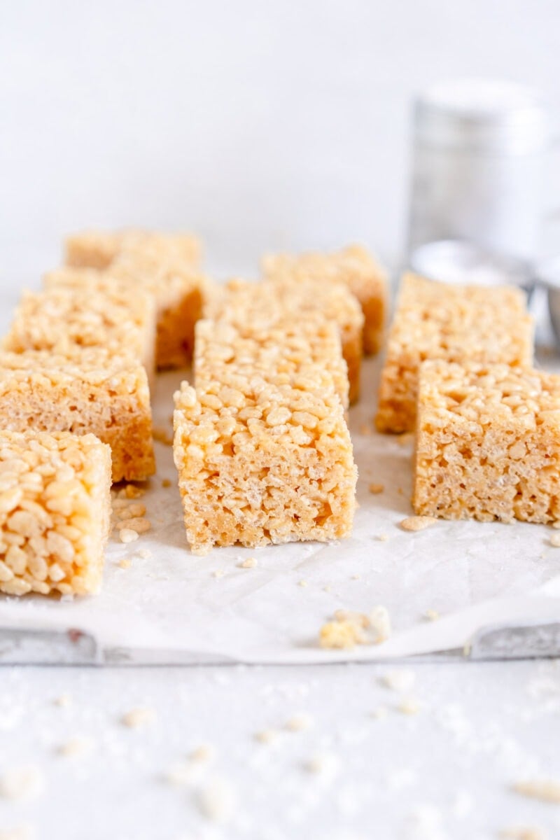 rice bubble slice on pan with parchment paper