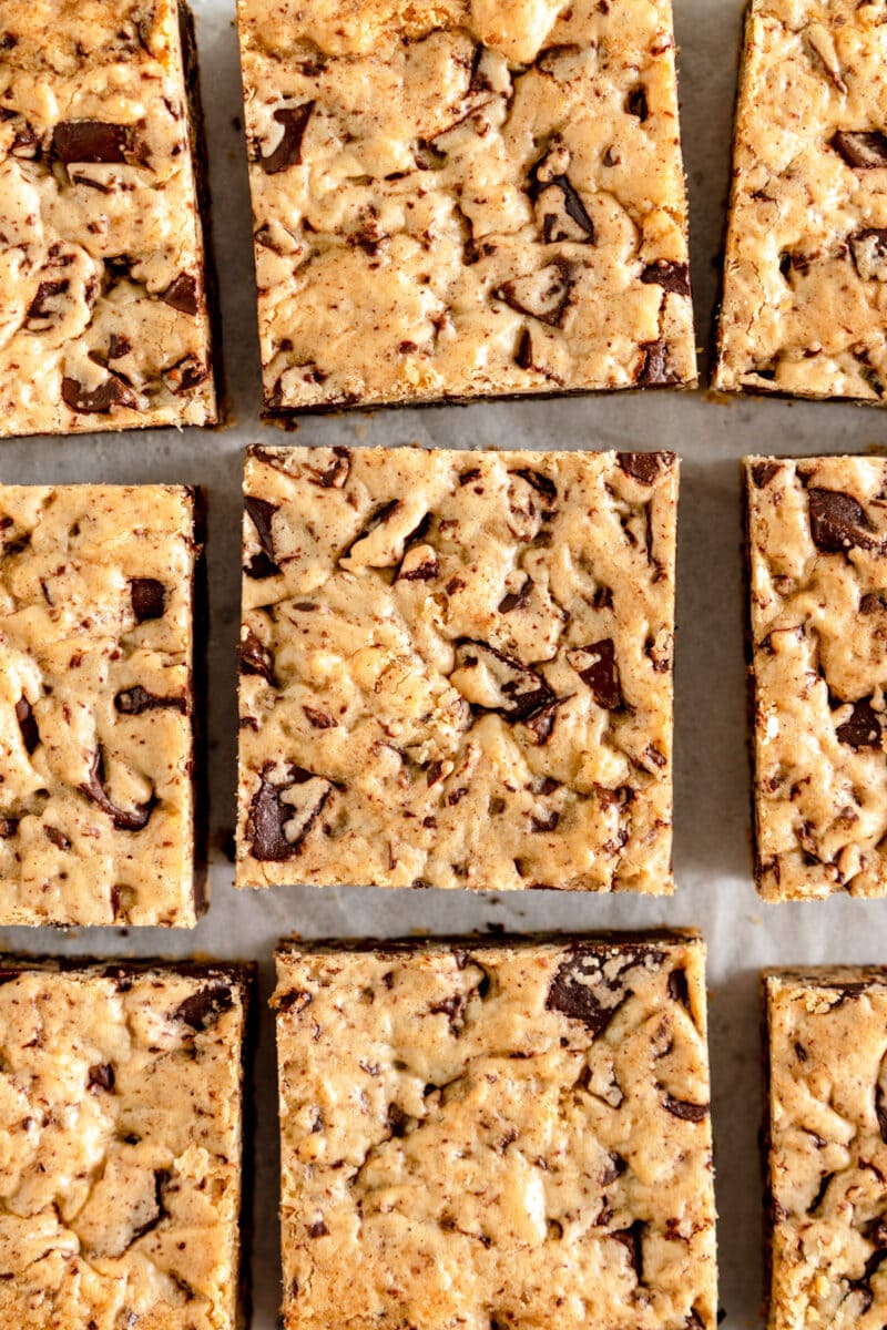 close up of chocolate chip cookie bars