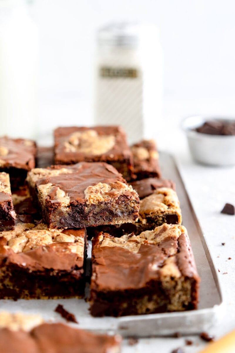 stacked up brookies on sheet pan