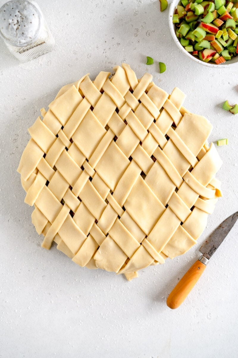 rhubarb pie ready to trim