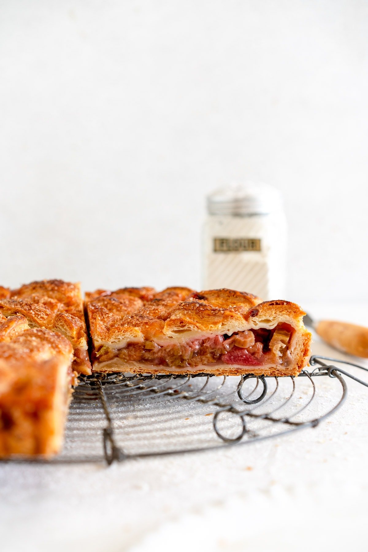 side on shot of baked rhubarb pie