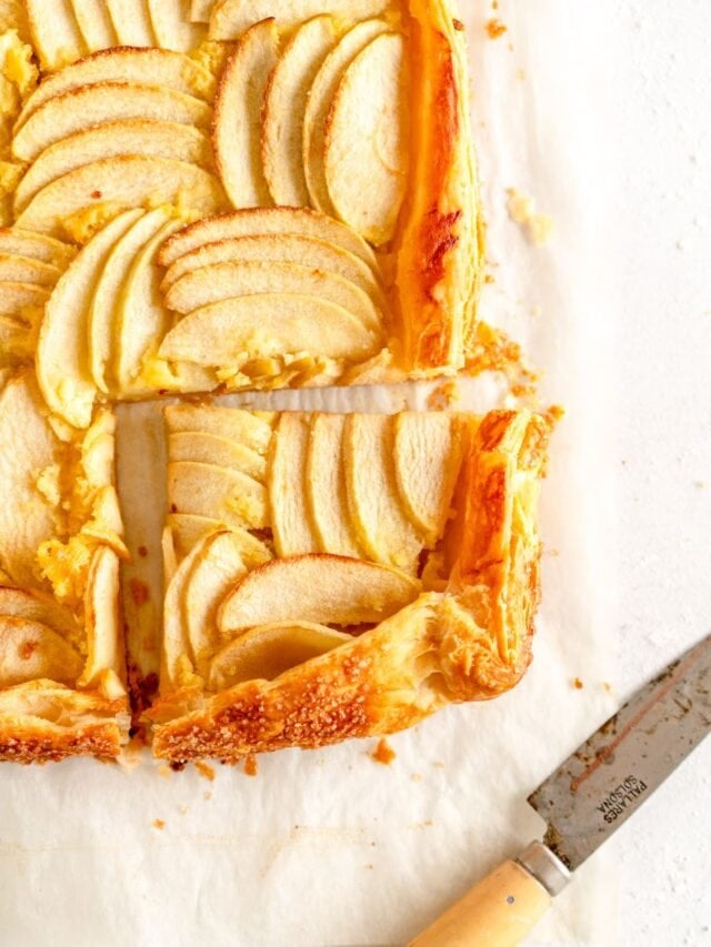 corner shot of apple galette with slice taken out