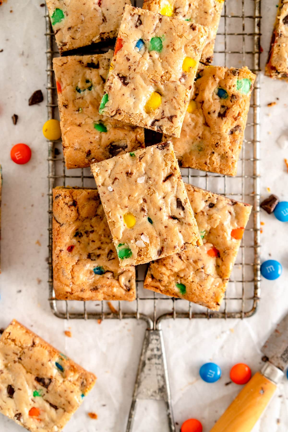 close up of cookie bars on wire rack