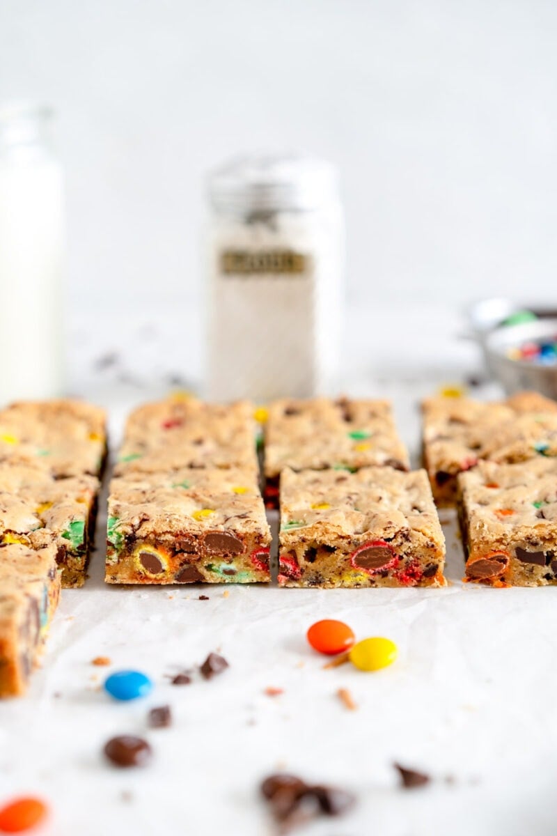 side shot of m&m cookie bars