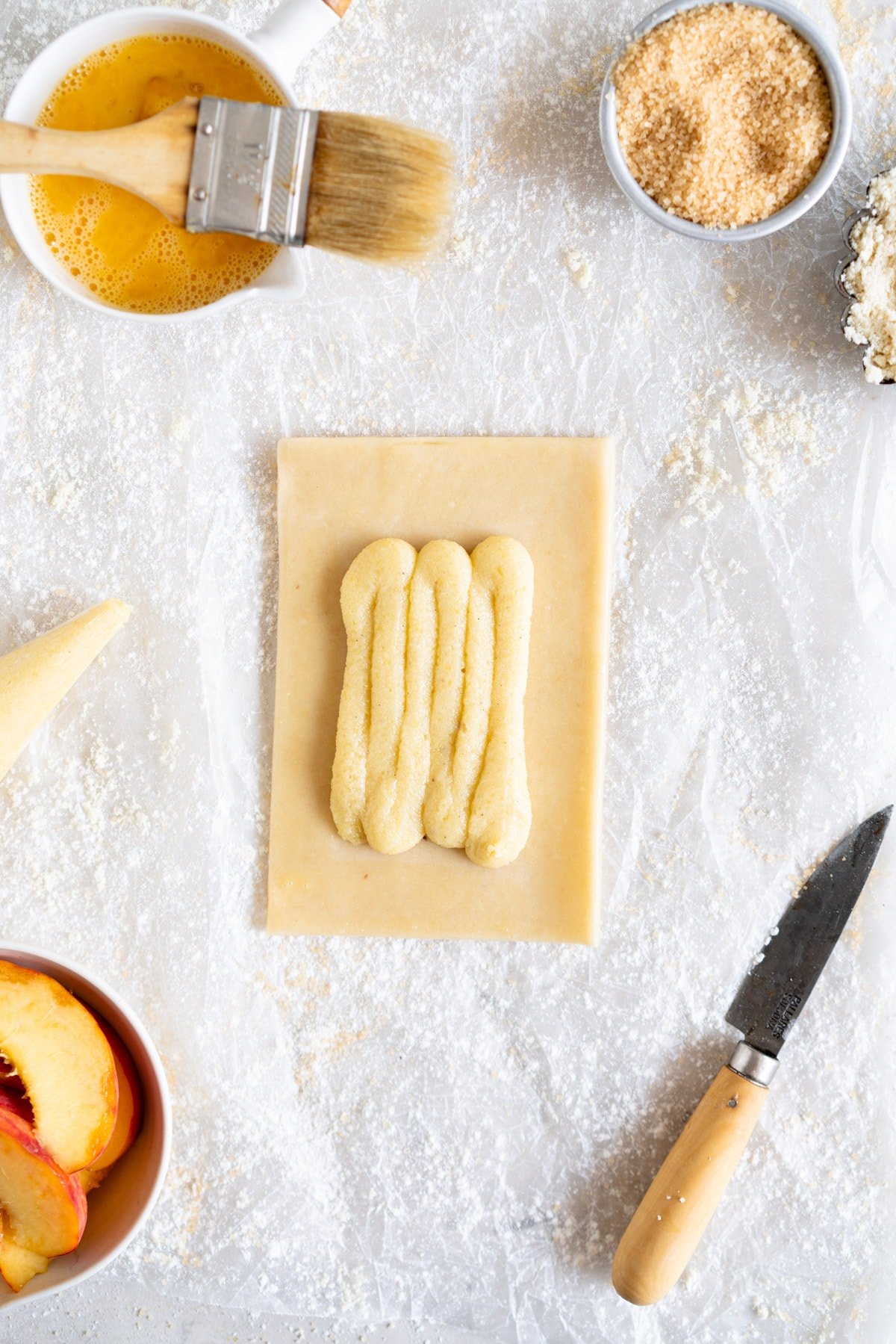 pastry with frangipane piped on 