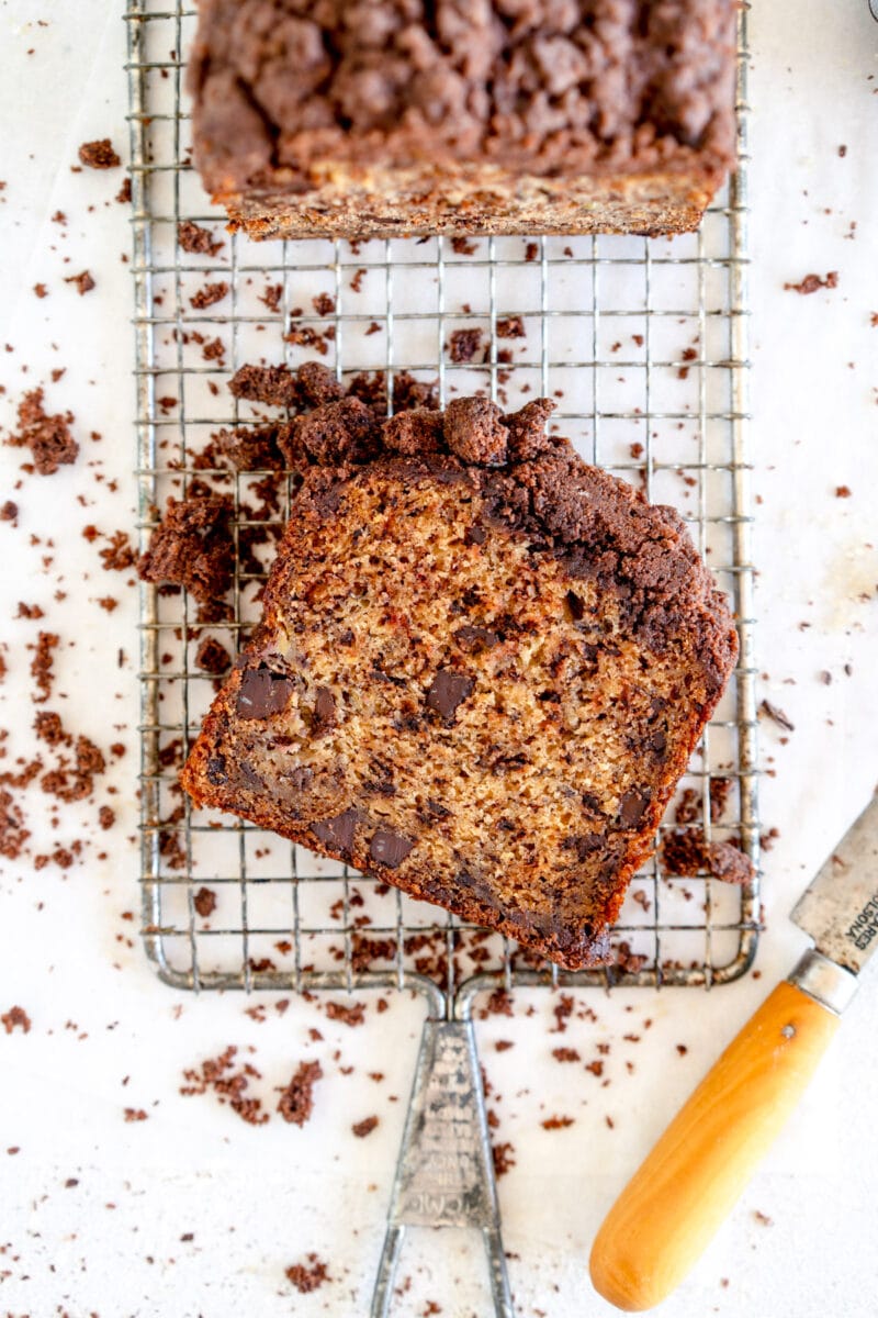 slice of banana bread on wire rack