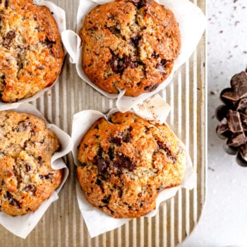 top down image of baked banana chocolate chip muffins