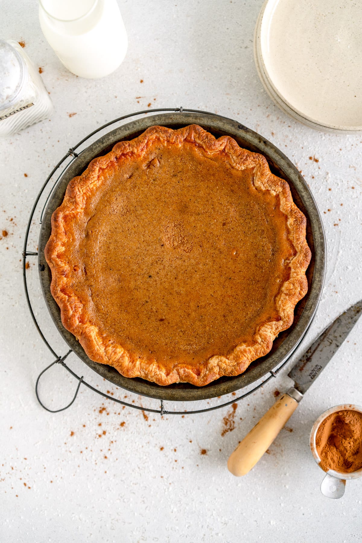 baked pumpkin pie on pan
