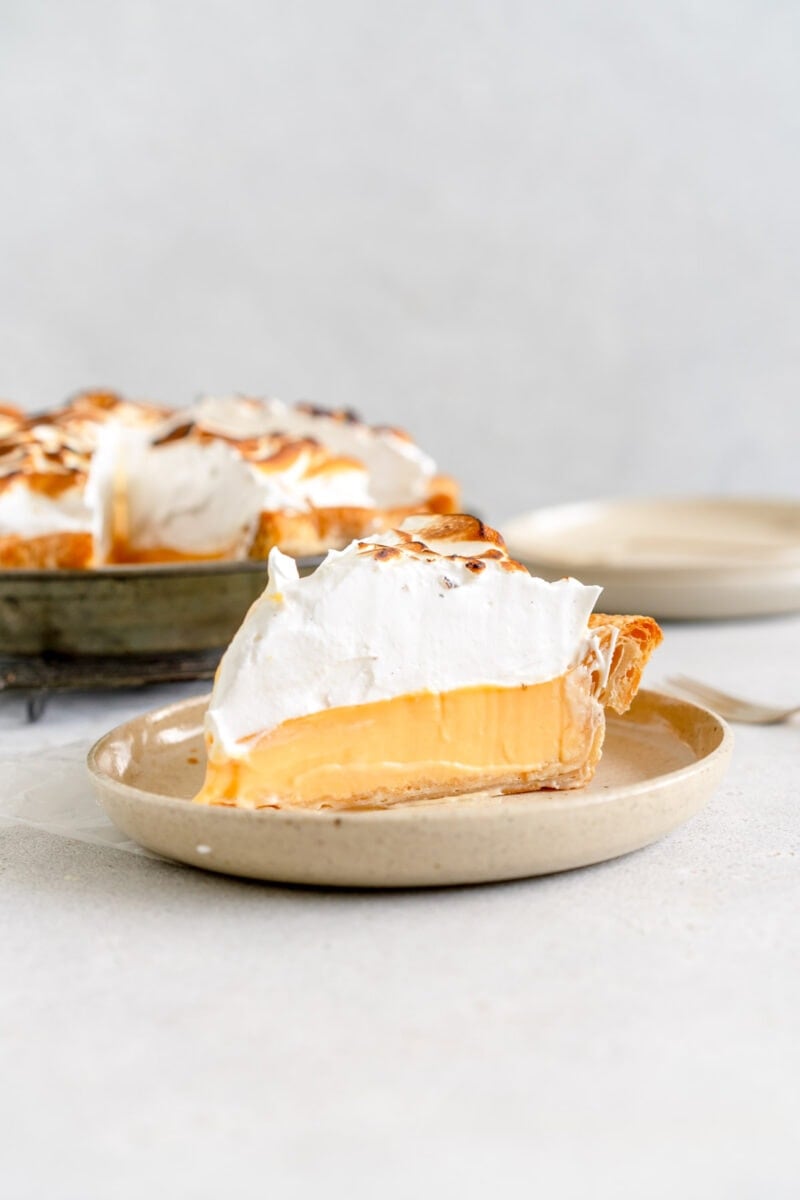 lemon meringue pie on plate