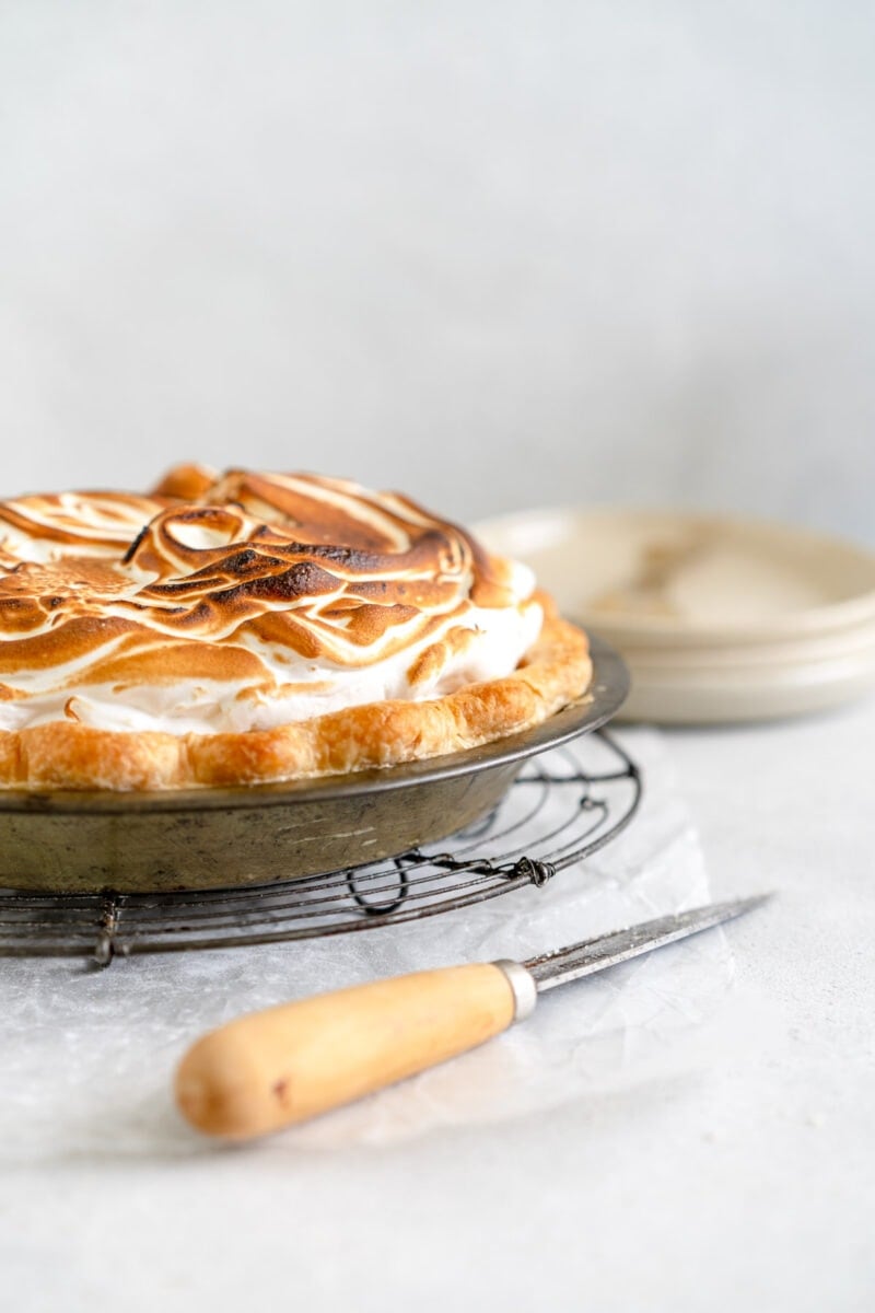 side on image of lemon meringue pie close up