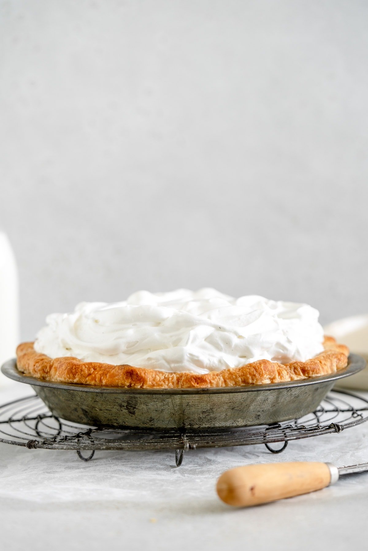 side shot of lemon pie with meringue