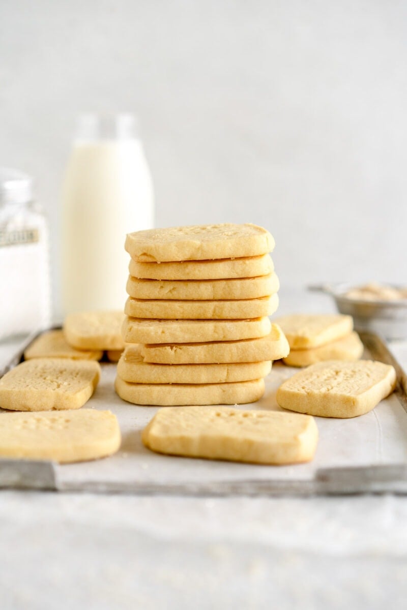stacked shortbread cookies on pan 