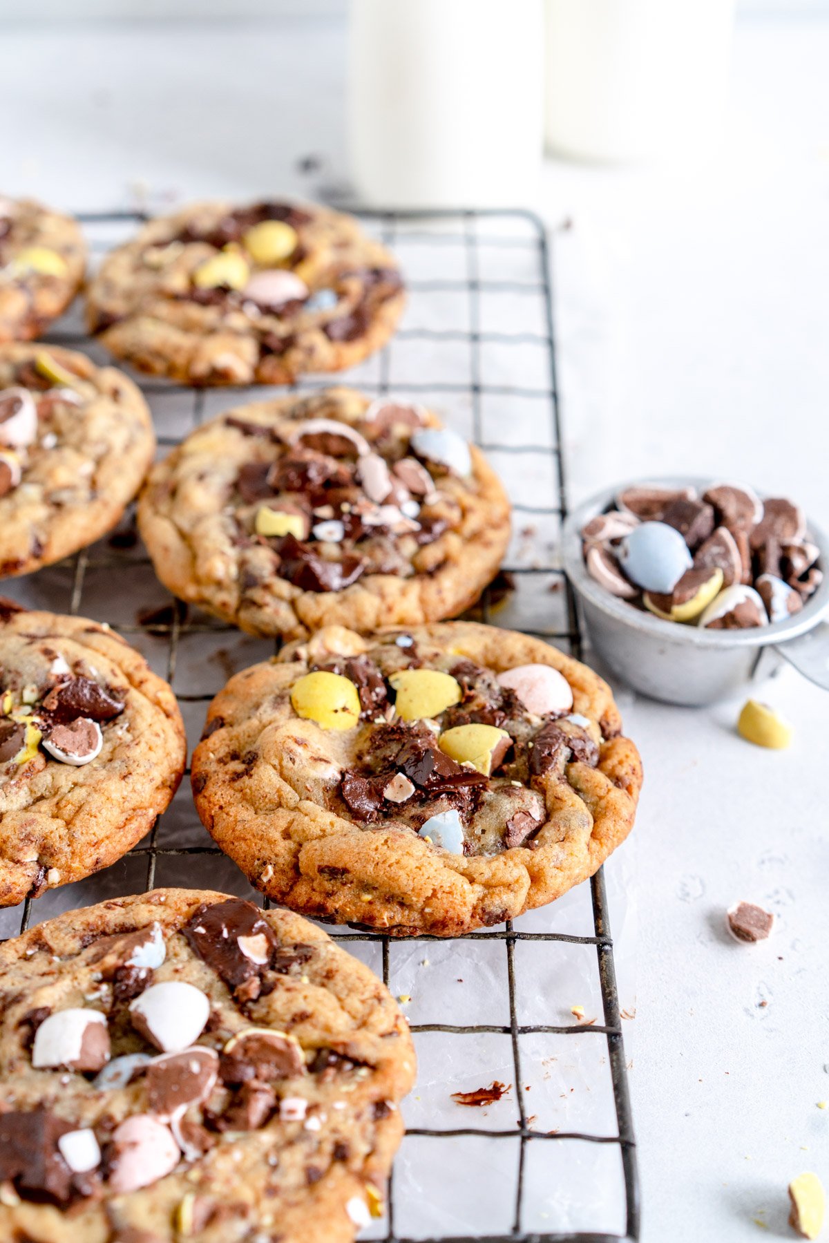 angle shot of mini egg chocolate chip cookies