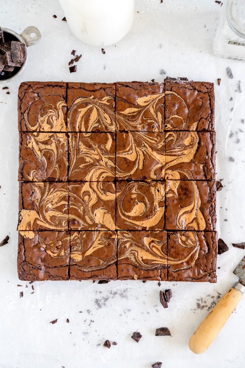 baked sliced peanut butter brownies