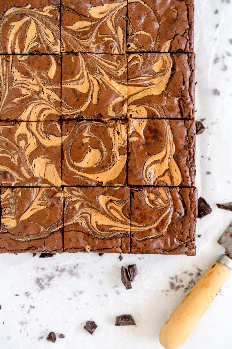 baked sliced peanut butter brownie