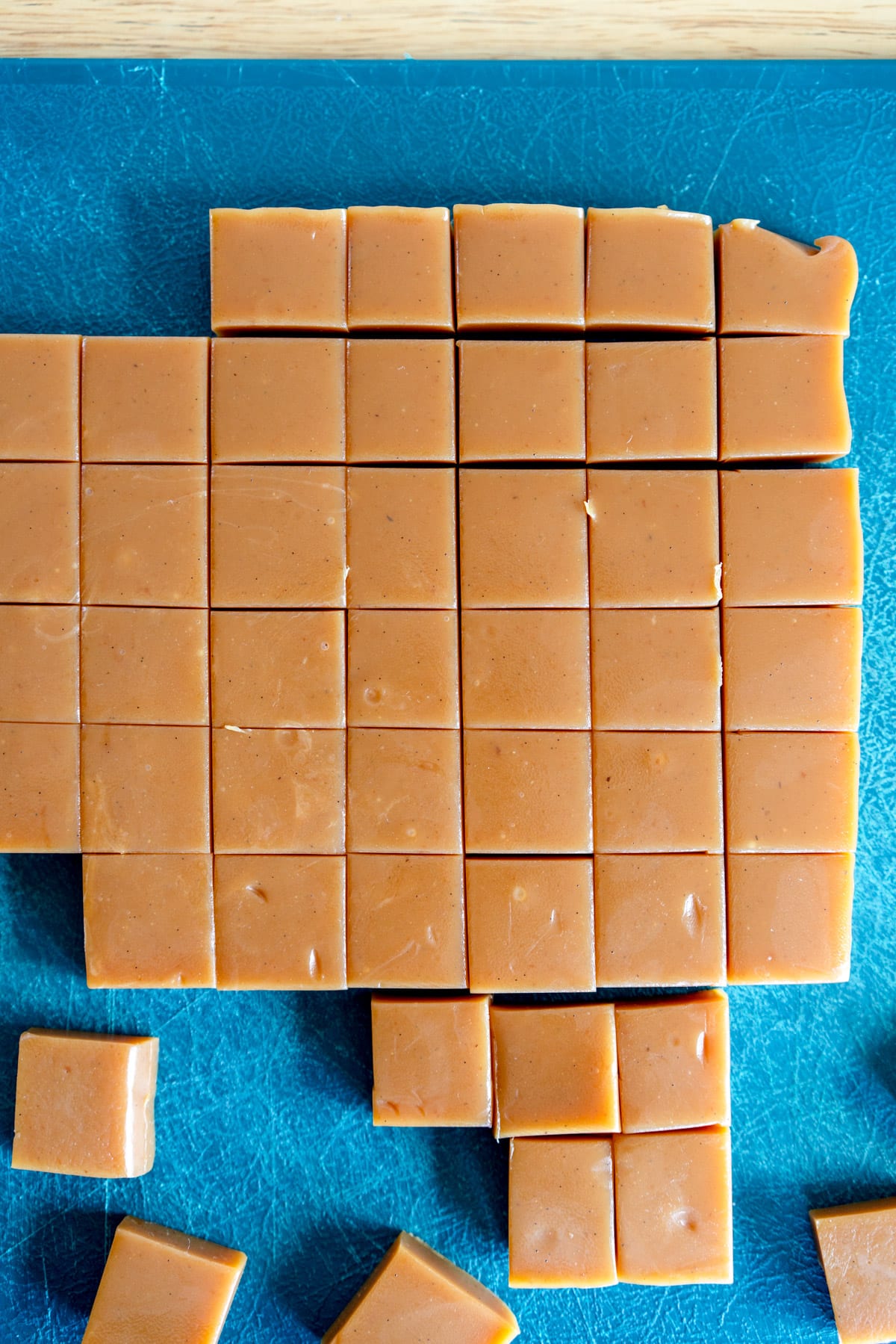cut caramel on cutting board