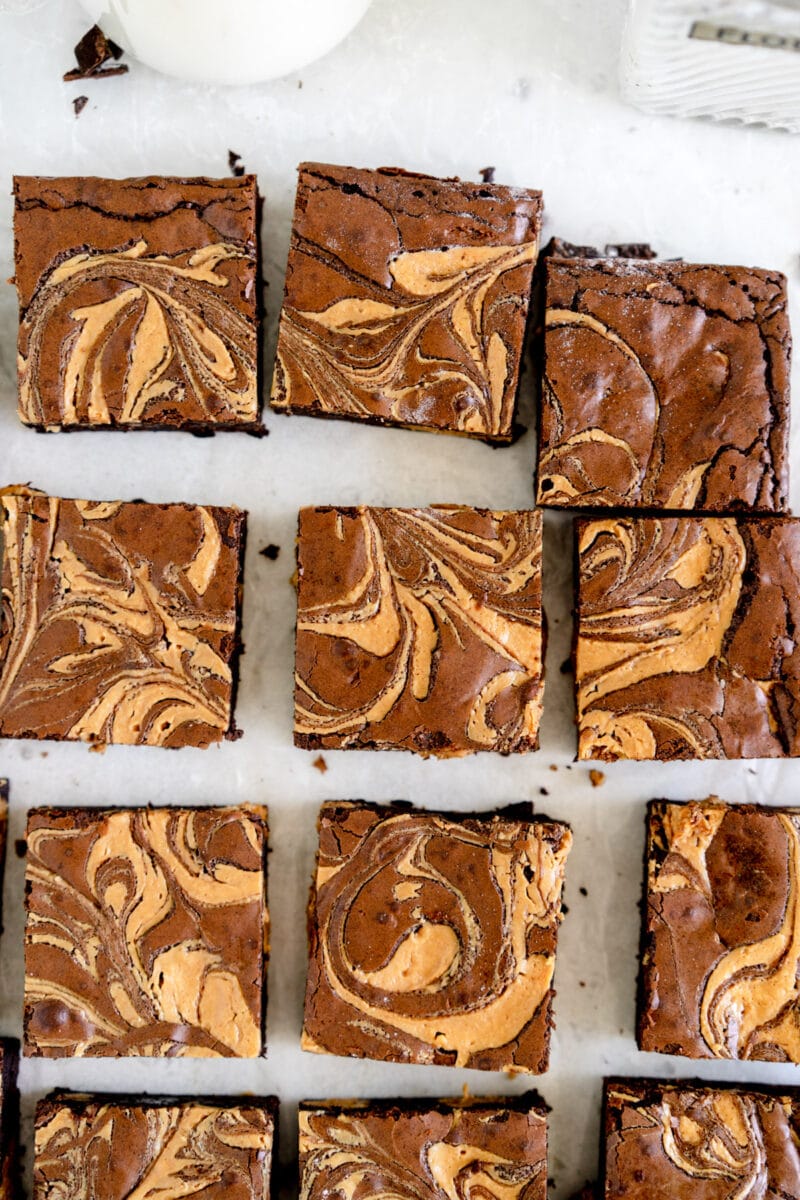 cut up peanut butter brownie on wax paper