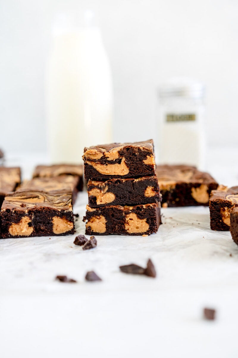 stacked up peanut butter brownies