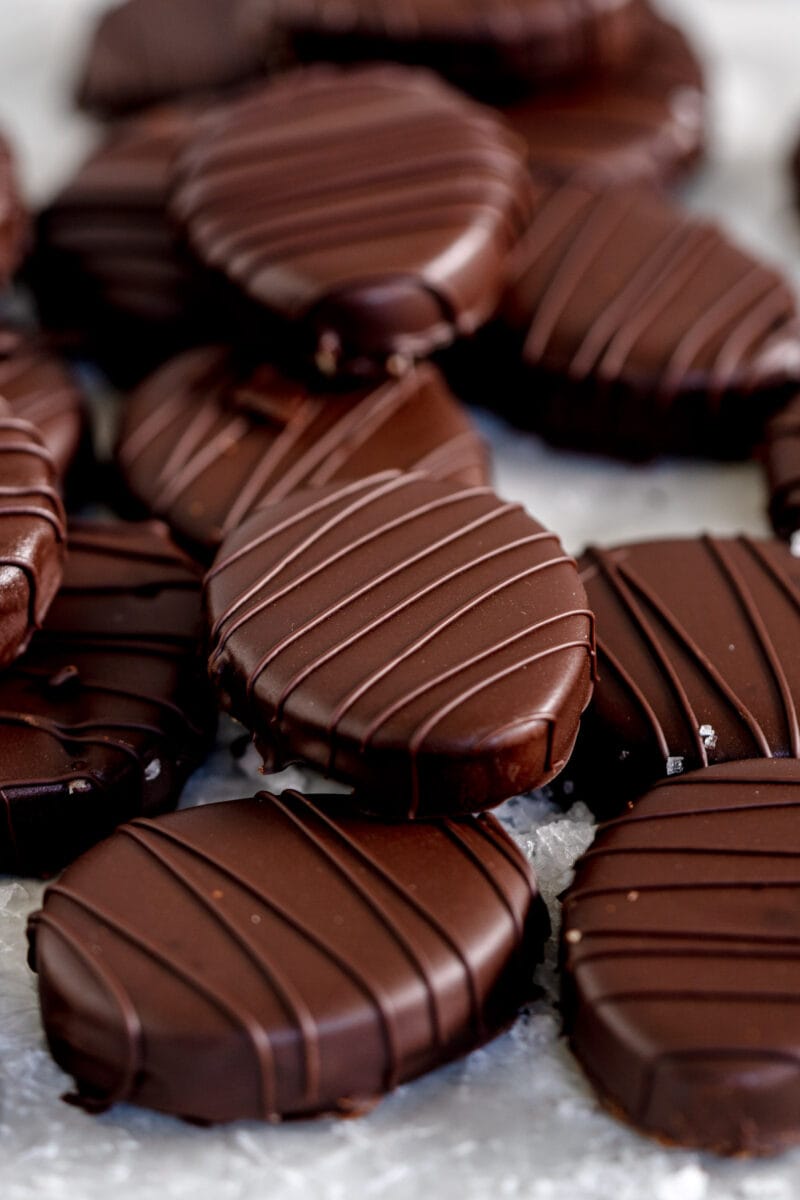 close angle shot of peanut butter eggs stacked up