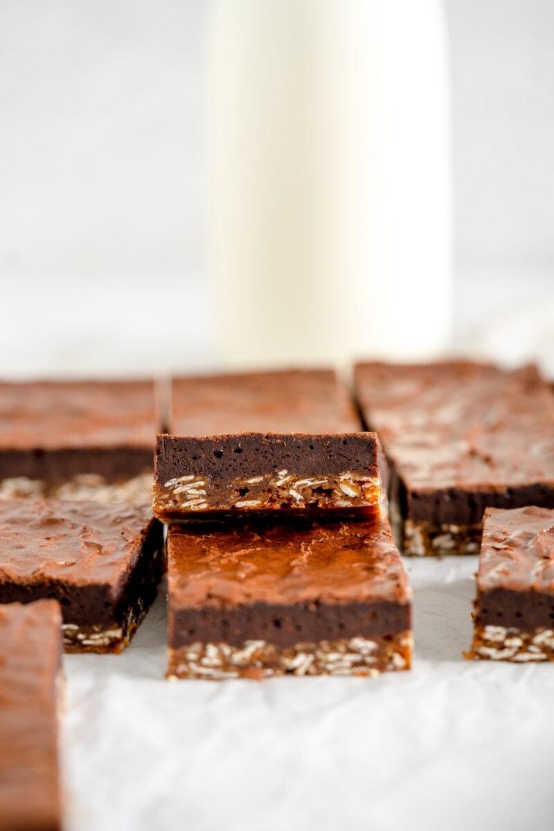 end on shot of brownie anzac biscuit slice