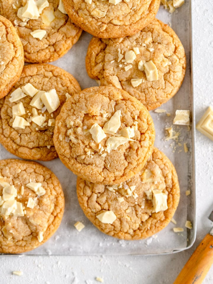 white chocolate chip cookies on tray
