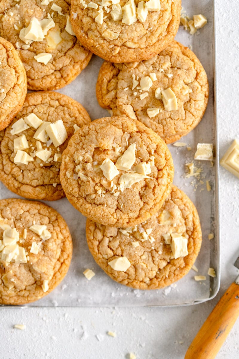 white chocolate chip cookies on tray