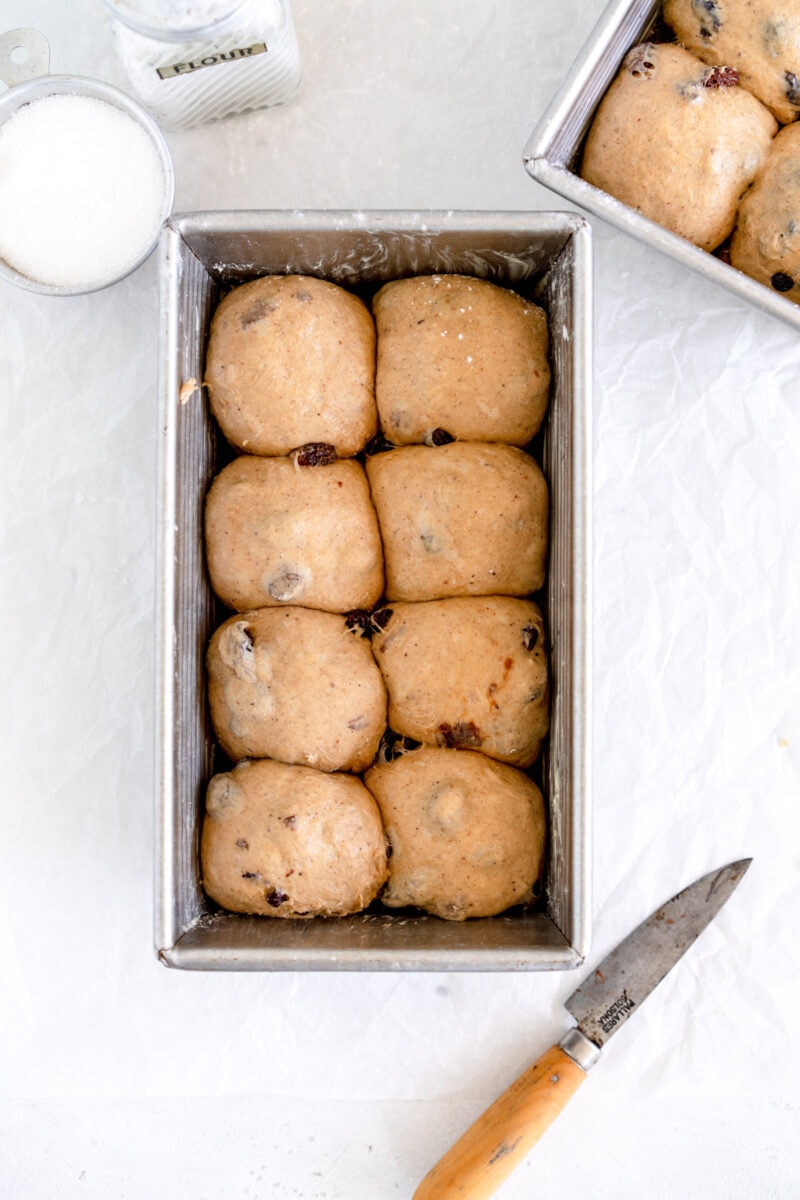 cinnamon raisin bread dough in pan