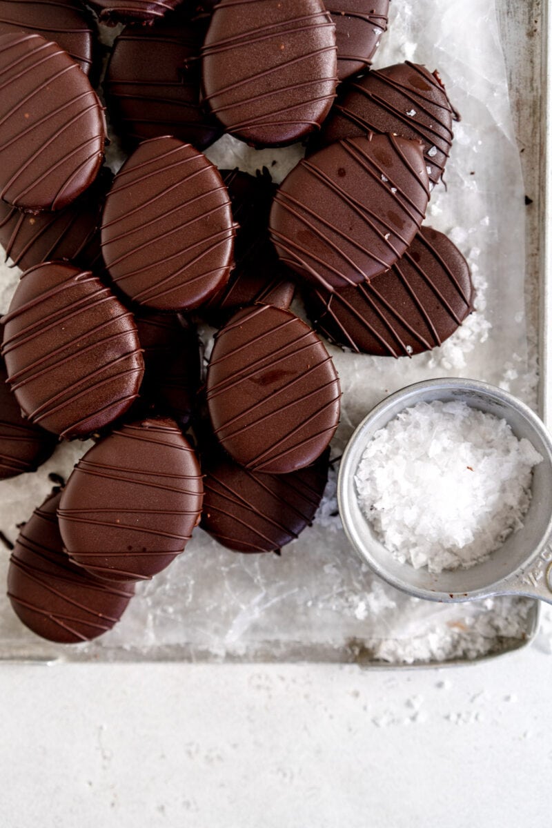 peanut butter eggs on a sheet tray