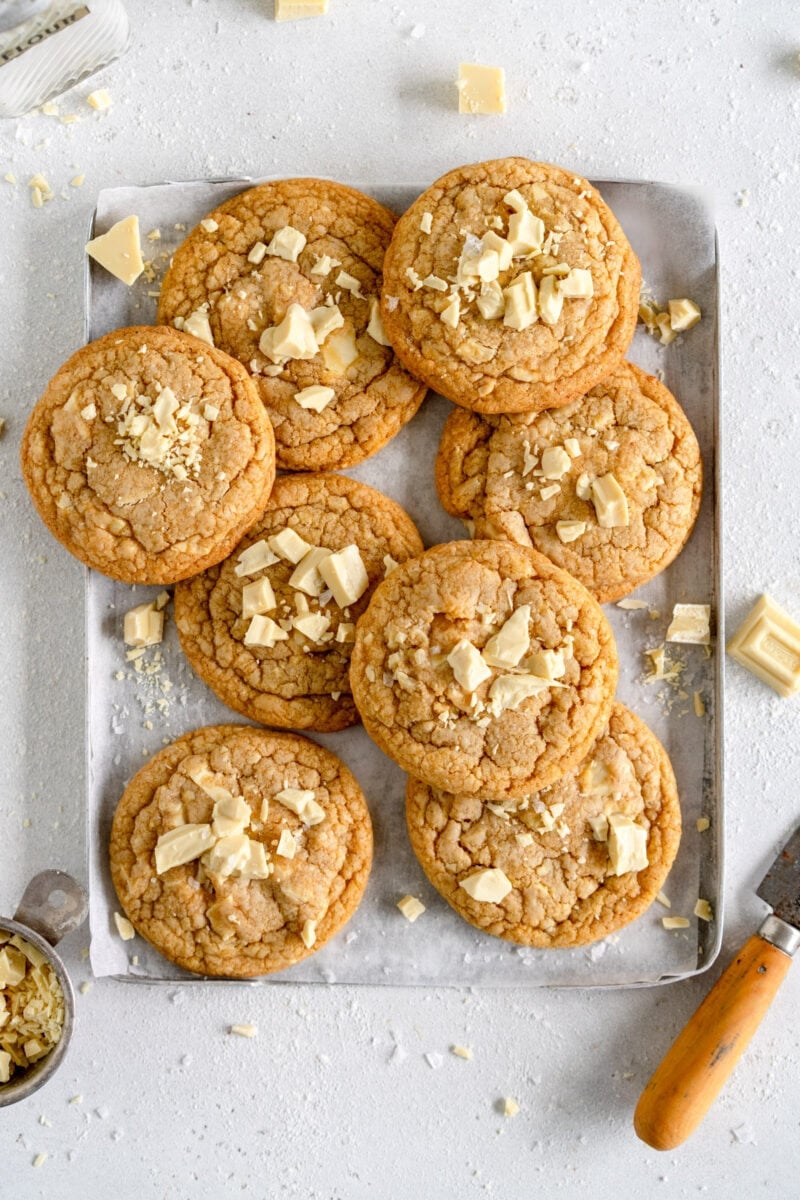 Tray of white chocolate chip cookies
