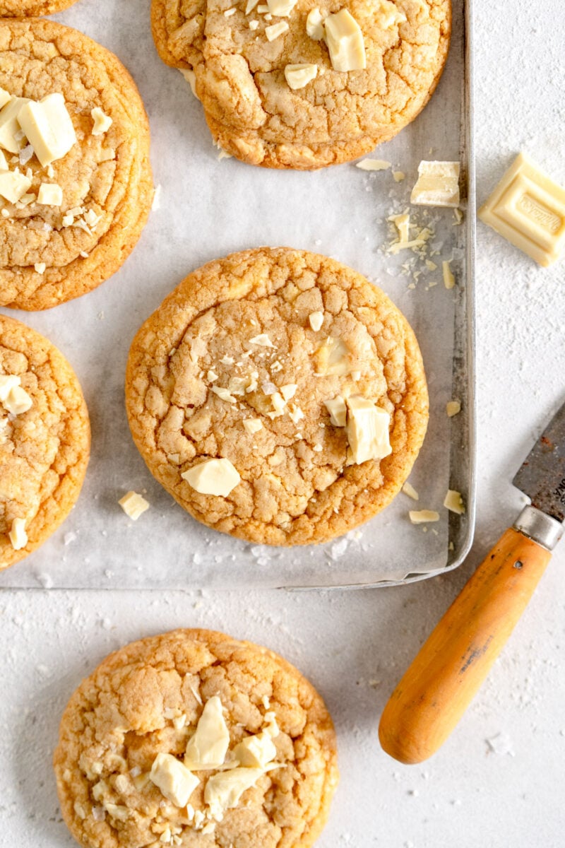 corner shot baked white chocolate chip cookie