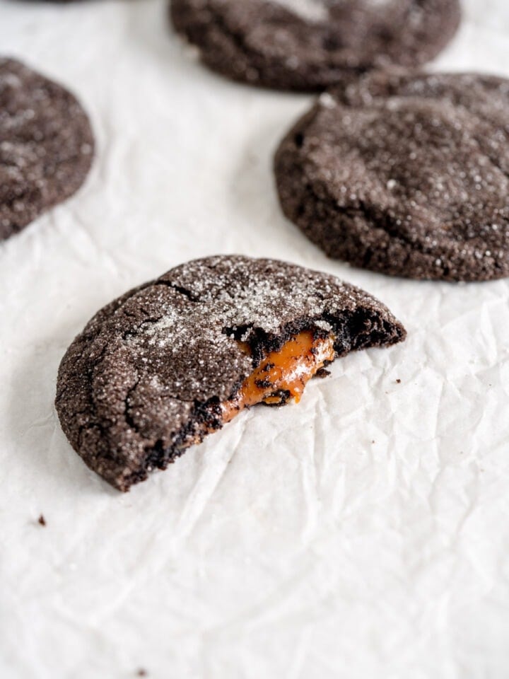 broken open cookie with caramel