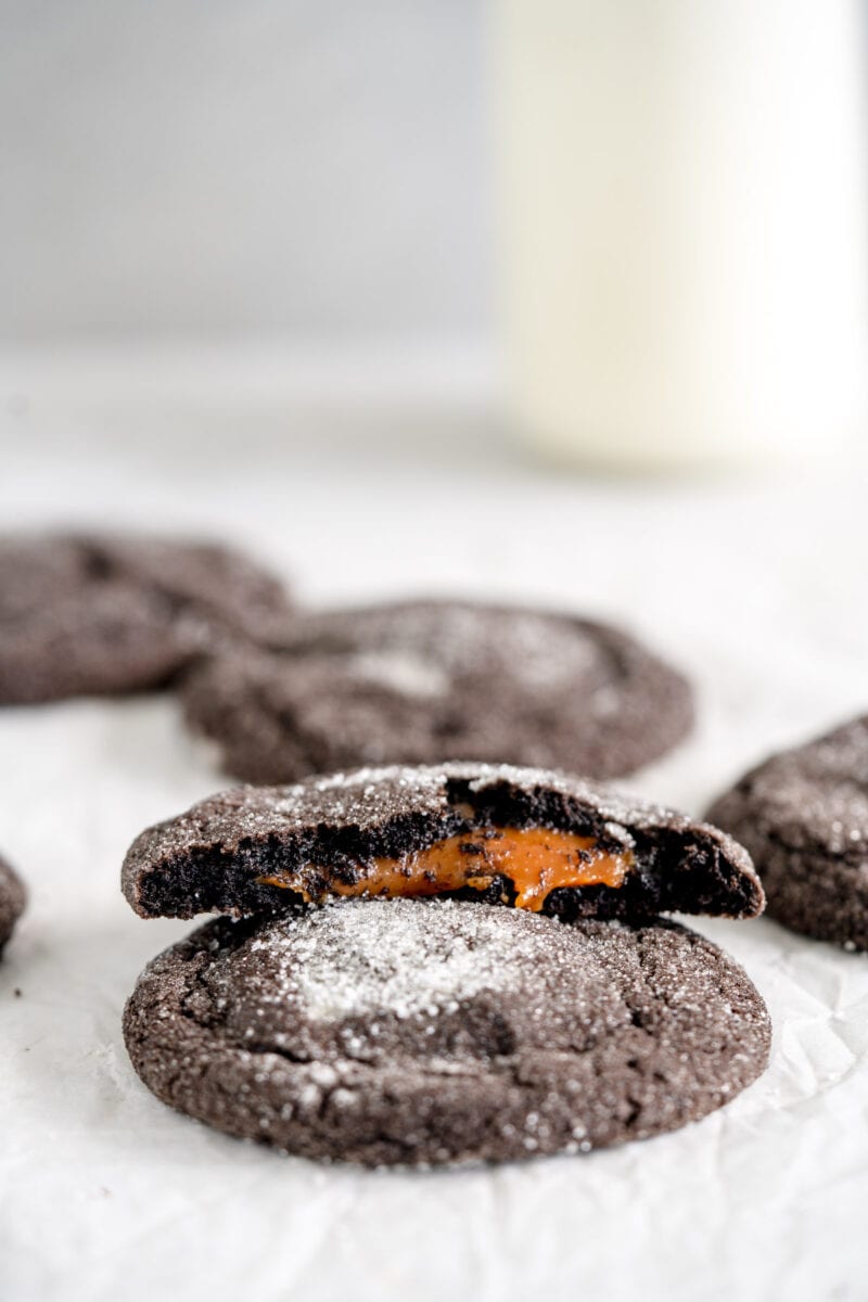 broken open chocolate caramel cookie